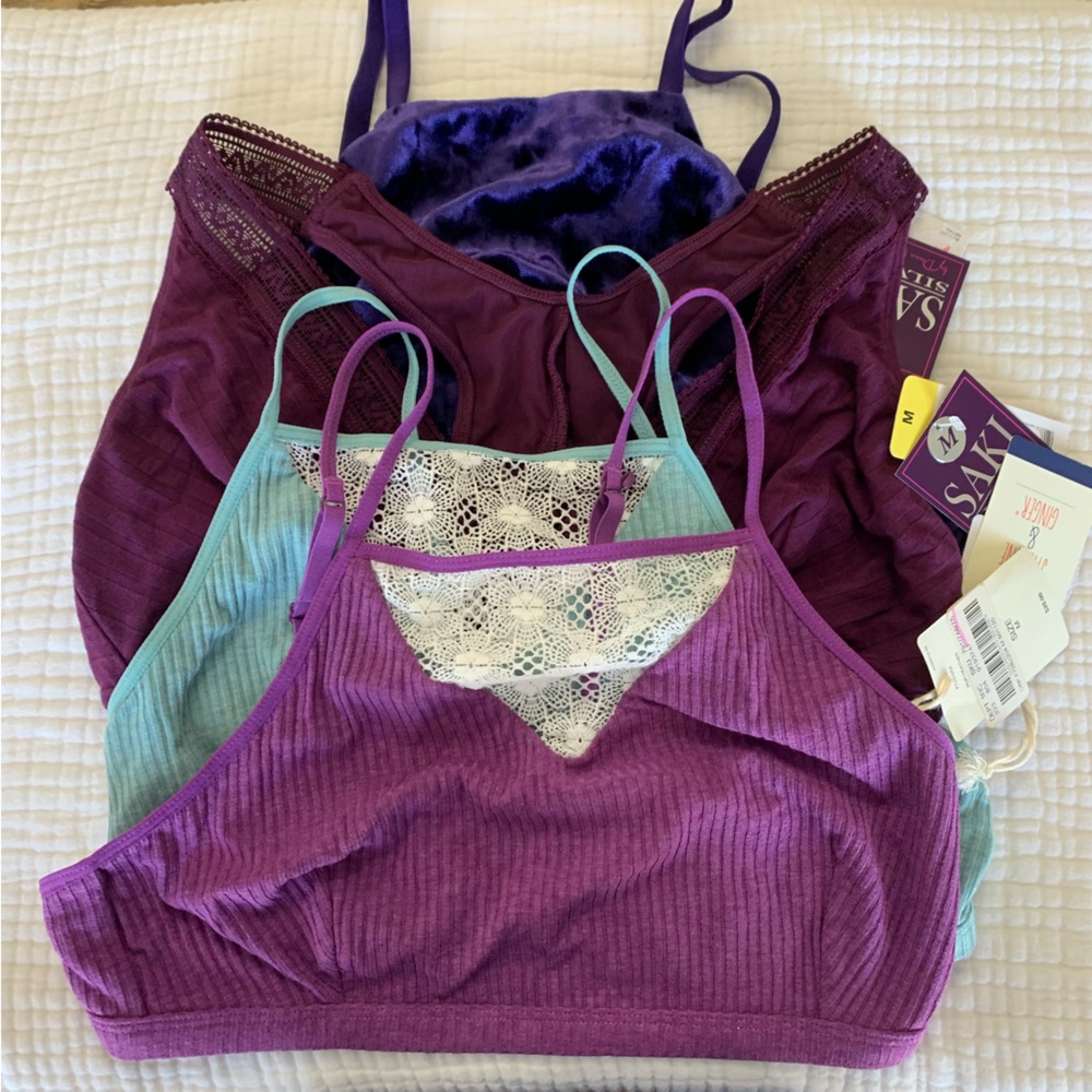 NWT Bralette Bra Cami Ribbed Lace‎ Purple Green Lot of 4